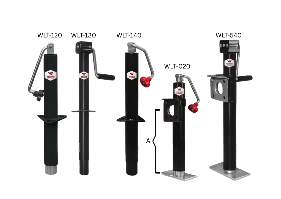 A-frame and flange-style trailer jacks in top-wind and side-wind configurations.