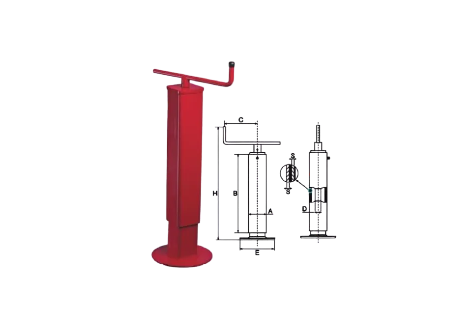 Heavy-type trailer parking jack with dimension reference drawing